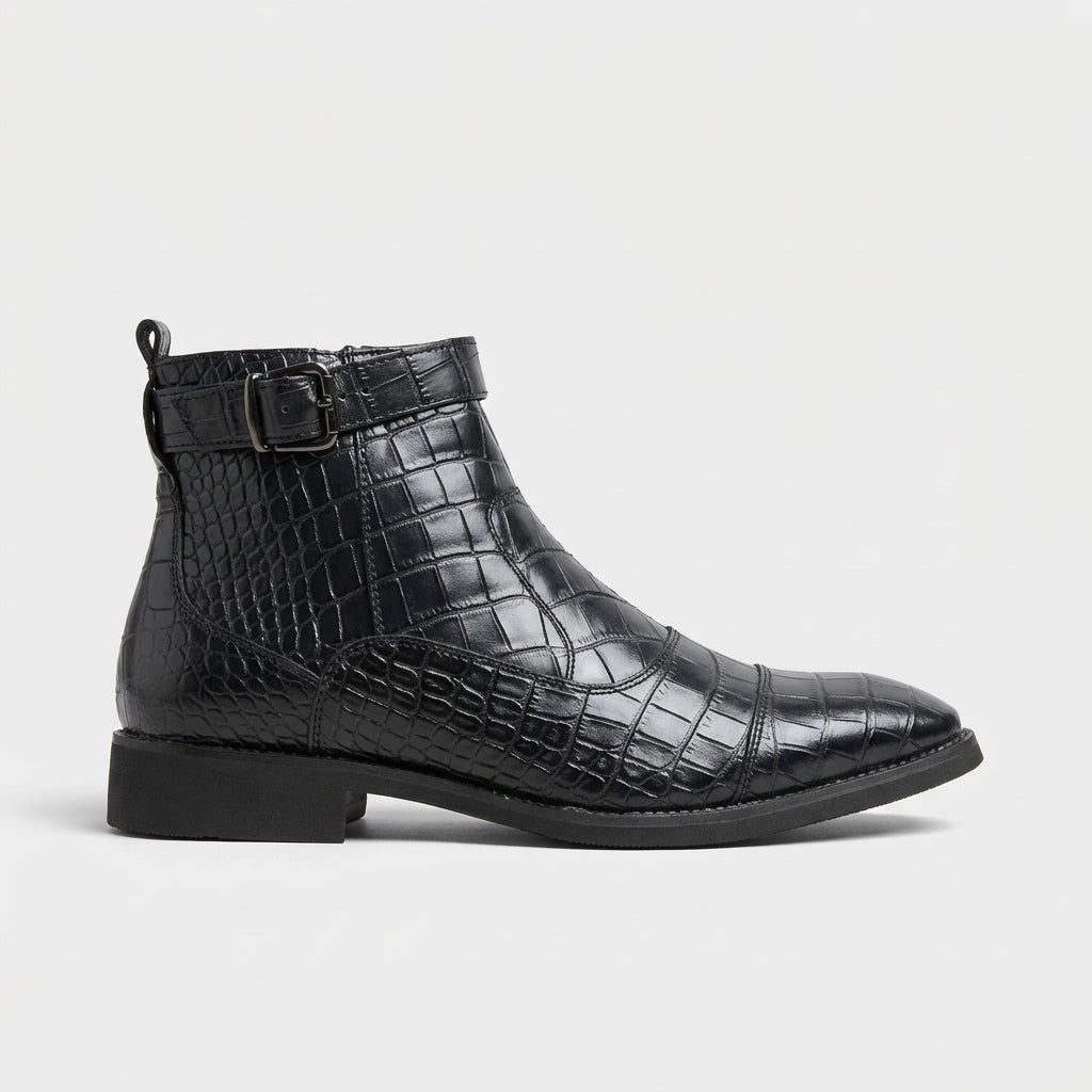Men's Ankle Boots Croc-Embossed Low Block Heel Side Zip Buckle