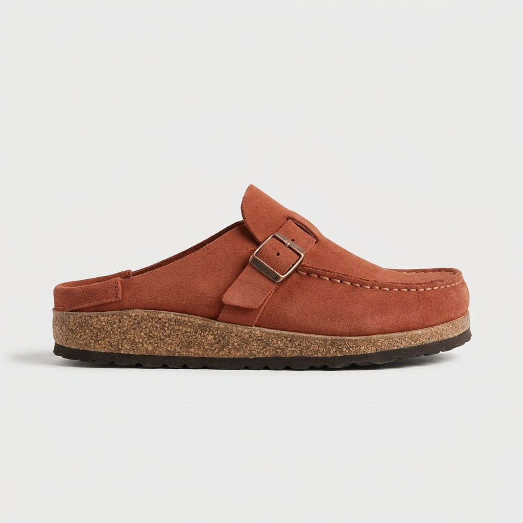 Women's Mules Suede Buckle Detail Cork Platform Flat
