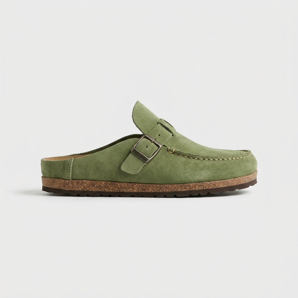 Women's Mules Suede Buckle Detail Cork Platform Flat