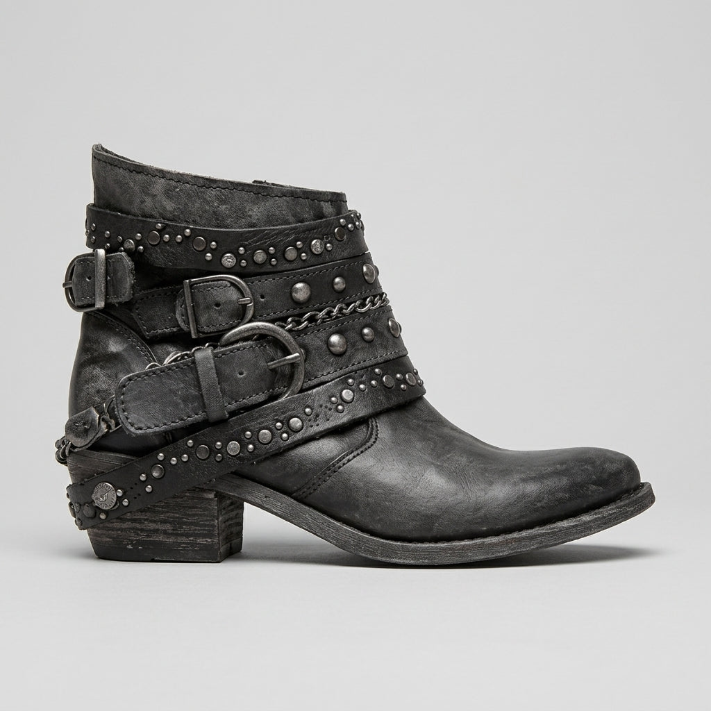 Women's Ankle Boots - Studded Leather Straps - Chain Detail - Block Heel