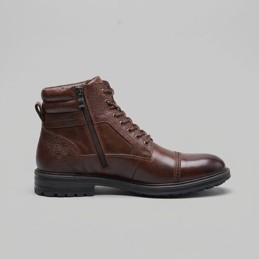 Men’s Leather Cap Toe Lace Up Ankle Boots Side Zip