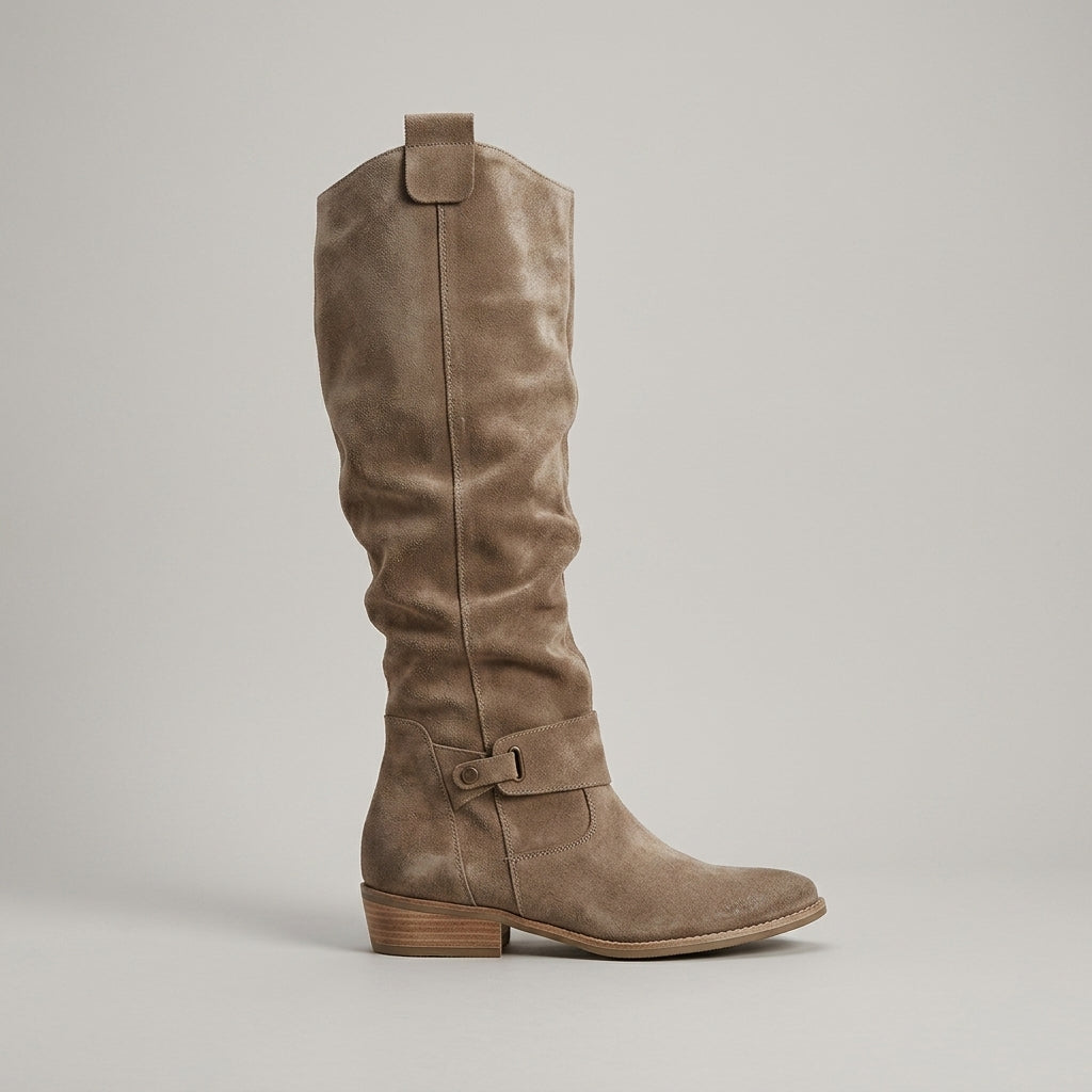 Women's Knee High Boots - Suede Slouchy Shaft Ankle Strap