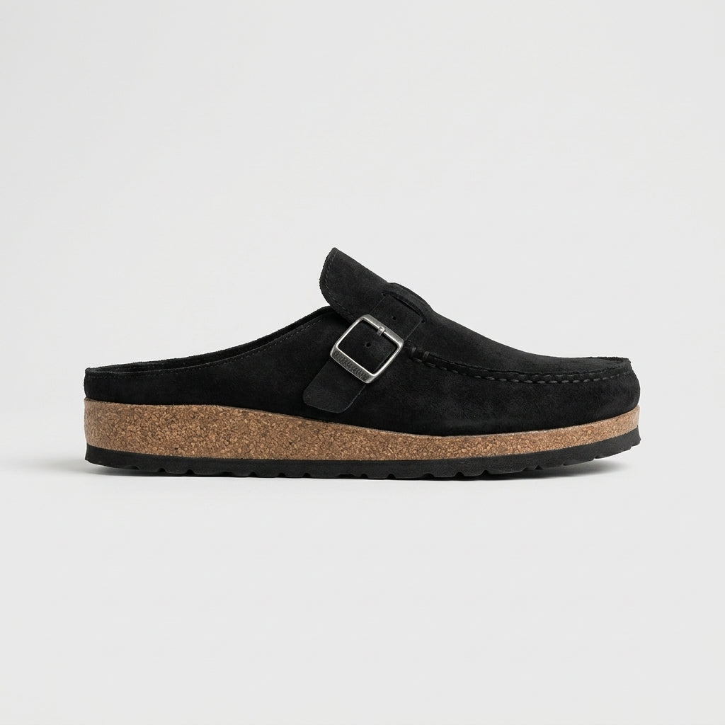 Women's Mules Suede Buckle Detail Cork Platform Flat