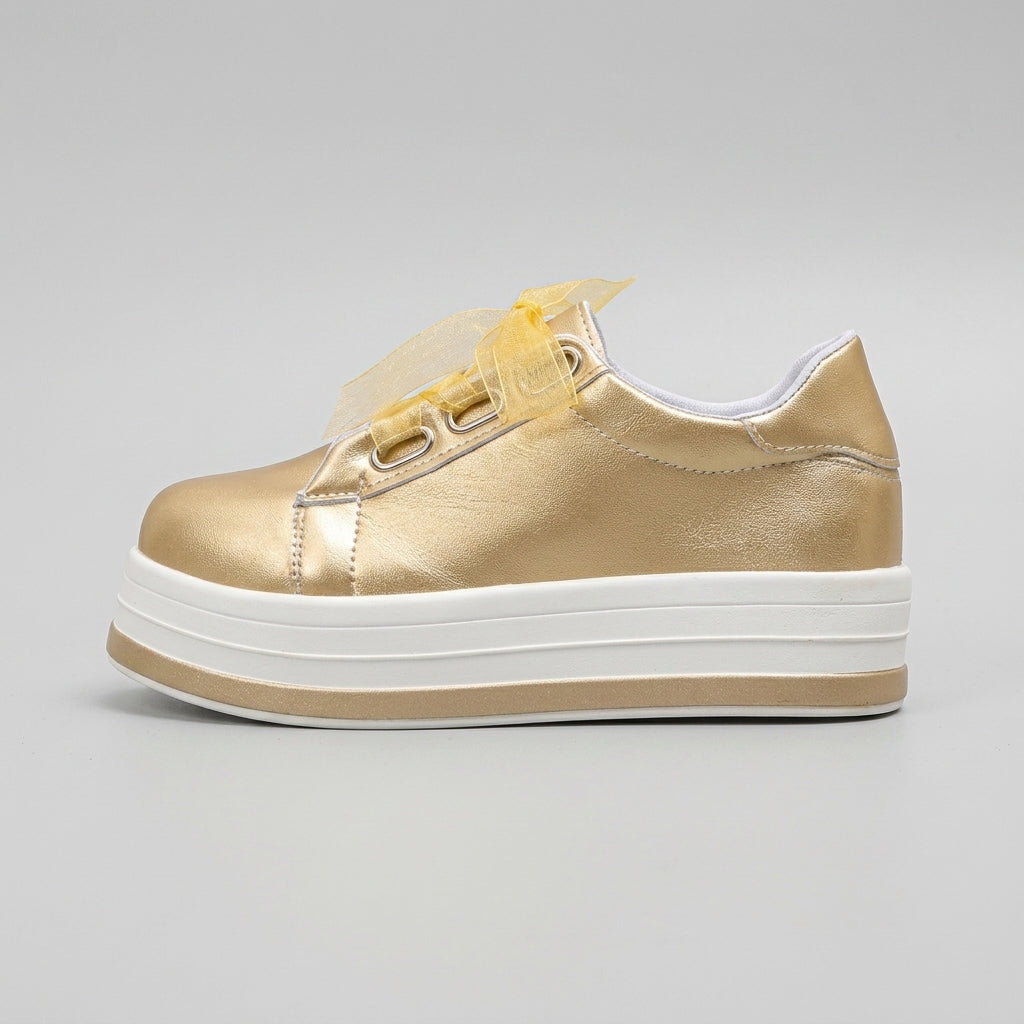 Women's Platform Sneakers - Low-Top Ribbon Lace Metallic Leather