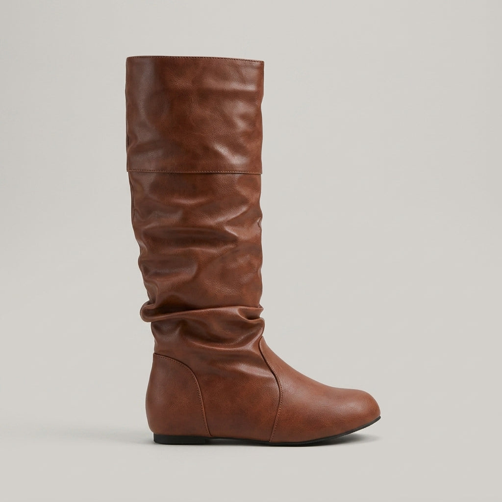 Women's Knee High Boots Slouchy Shaft Round Toe Flat Sole