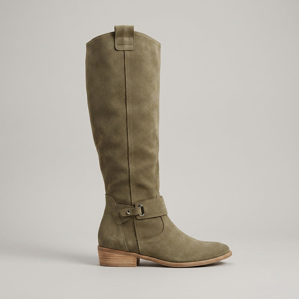 Women's Knee High Boots - Suede Slouchy Shaft Ankle Strap