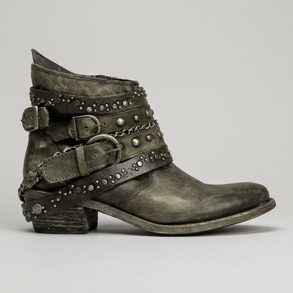 Women's Ankle Boots - Studded Leather Straps - Chain Detail - Block Heel