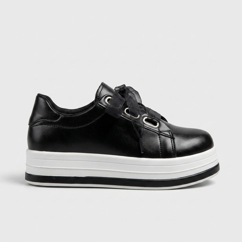 Women's Platform Sneakers - Low-Top Ribbon Lace Metallic Leather